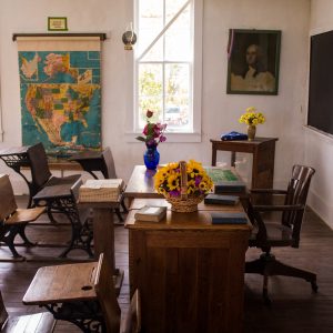 At Indian Cave State Park in Nebraska, there is a small village that has been restored, one building is an old-time schoolhouse – not much to look at from the outside but well-maintained inside.