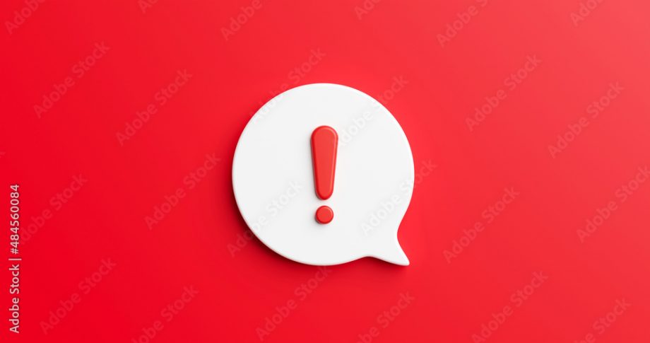 Red notification reminder icon chat message of attention alert alarm notice sign or flat design social button important caution symbol and warning urgent exclamation isolated on 3d danger background.