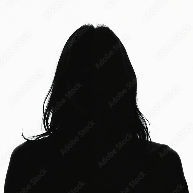 Silhouette of woman against white backdrop. Mysterious person depicted in black. Figure with dark hair. Anonymous profile. Portrait. Incognito. Digital art, suitable for various concepts like
